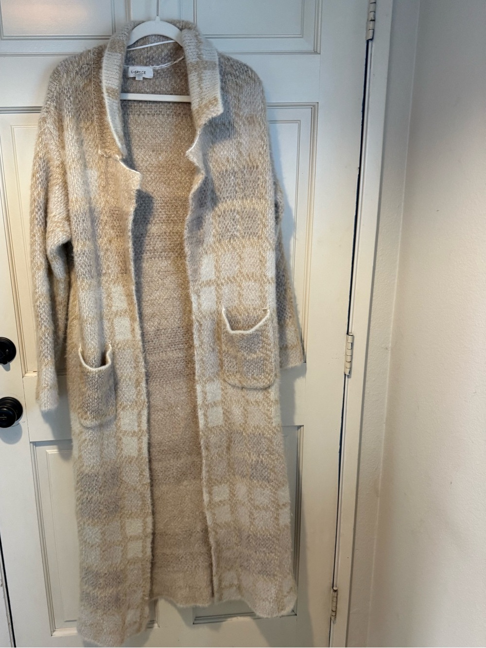l*space Long Open-Front Plaid Cardigan — Cream and Beige